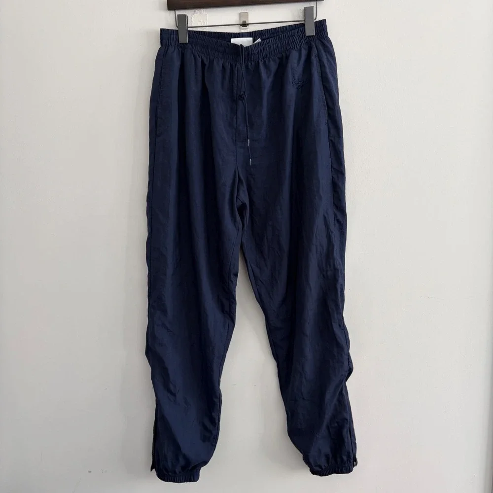 Reebok Mens Vintage Nylon Track Pants Navy Blue Elastic Waist XL